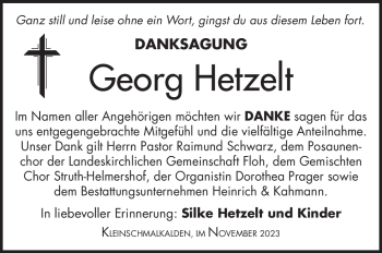 Traueranzeige von Georg Hetzelt von Südthüringer Presse