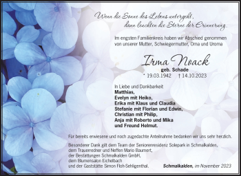 Traueranzeige von Irma Noack von Südthüringer Presse