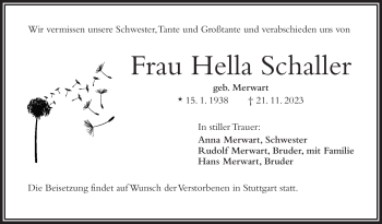 Traueranzeige von Hella Schaller von Frankenpost