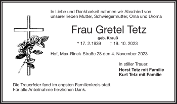 Traueranzeige von Gretel Tetz von Frankenpost