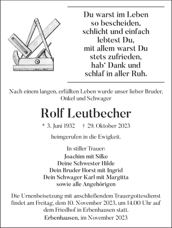 Traueranzeige von Rolf Leutbecher von Südthüringer Presse