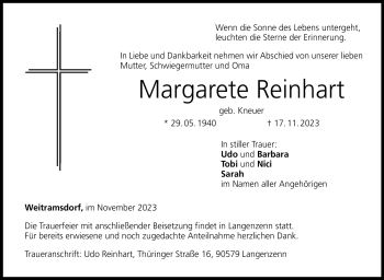 Traueranzeige von Margarete Reinhart von Neue Presse Coburg