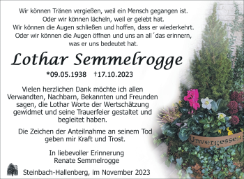 Traueranzeige von Lothar Semmelrogge von Südthüringer Presse