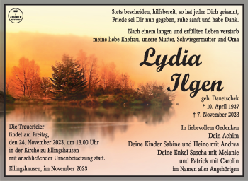 Traueranzeige von Lydia Ilgen von Südthüringer Presse