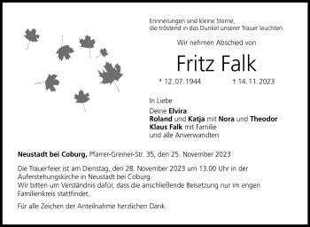 Traueranzeige von Fritz Falk von Neue Presse Coburg