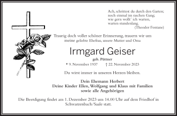 Traueranzeige von Irmgard Geiser von Frankenpost