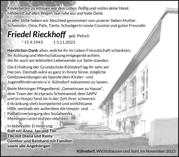 Traueranzeige von Friedel Rieckhoff von Südthüringer Presse
