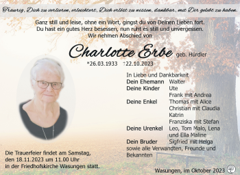 Traueranzeige von Charlotte Erbe von Südthüringer Presse