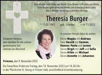 Traueranzeige von Theresia Burger von Neue Presse Coburg