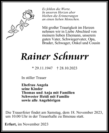 Traueranzeige von Rainer Schnurr von Südthüringer Presse