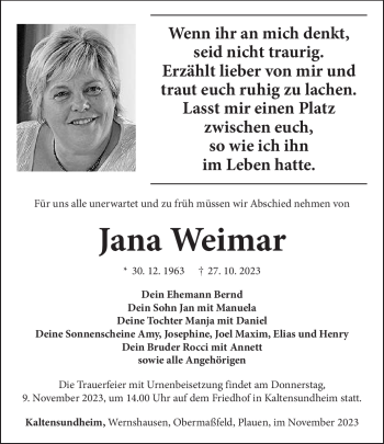 Traueranzeige von Jana Weimar von Südthüringer Presse