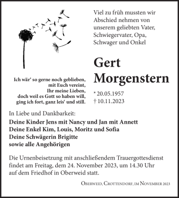 Traueranzeige von Gert Morgenstern von Südthüringer Presse