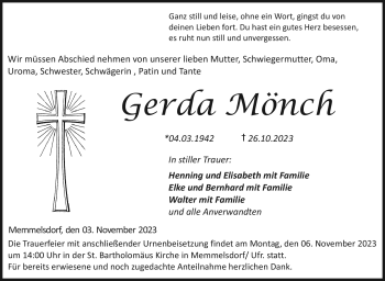 Traueranzeige von Gerda Mönch von Neue Presse Coburg