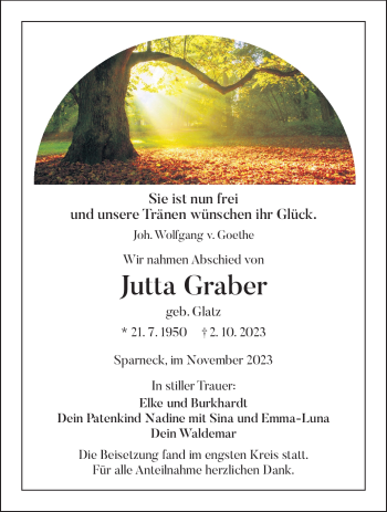Traueranzeige von Jutta Graber von Frankenpost