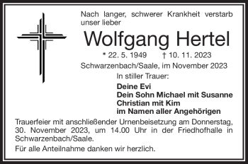 Traueranzeige von Wolfgang Hertel von Frankenpost