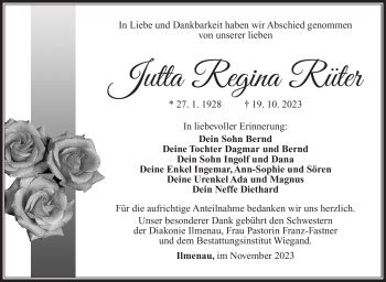 Traueranzeige von Jutta Rüter von Südthüringer Presse