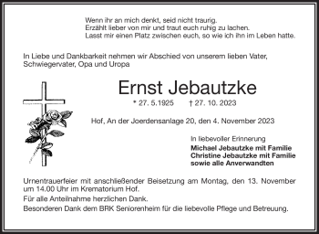 Traueranzeige von Ernst Jebautzke von Frankenpost