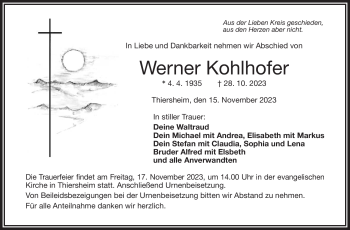 Traueranzeige von Werner Kohlhofer von Frankenpost