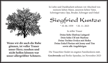 Traueranzeige von Siegfried Kuntze von Südthüringer Presse