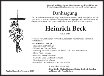 Traueranzeige von Heinrich Beck von Südthüringer Presse