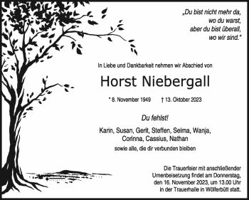 Traueranzeige von Horst Niebergall von Südthüringer Presse