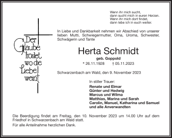Traueranzeige von Herta Schmidt von Frankenpost