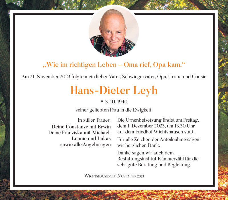  Traueranzeige für Hans-Dieter Leyh vom 25.11.2023 aus Südthüringer Presse