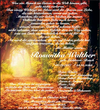 Traueranzeige von Roswitha Walther von Südthüringer Presse