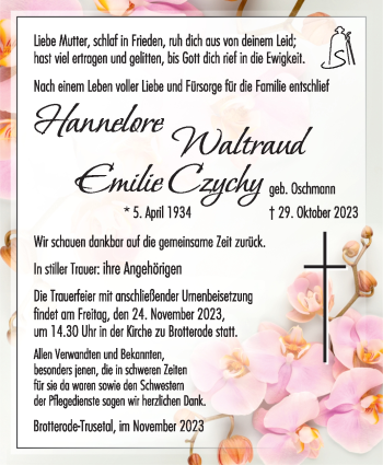 Traueranzeige von Hannelore Czychy von Südthüringer Presse