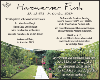 Traueranzeige von Hanswerner Funk von Südthüringer Presse