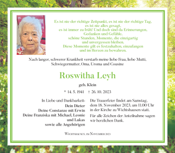 Traueranzeige von Roswitha Leyh von Südthüringer Presse