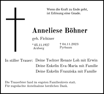 Traueranzeige von Anneliese Böhner von Frankenpost