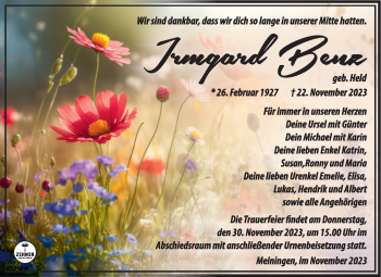 Traueranzeige von Irmgard Benz von Südthüringer Presse