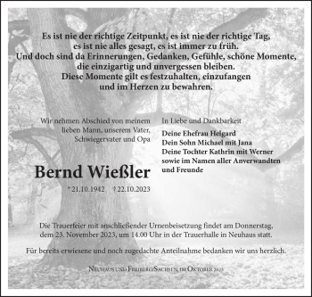 Traueranzeige von Bernd Wießler von Südthüringer Presse