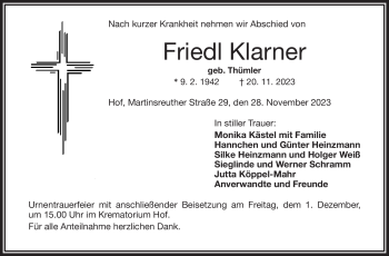 Traueranzeige von Friedl Klarner von Frankenpost