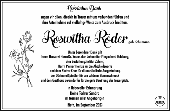 Traueranzeige von Roswitha Röder von Südthüringer Presse