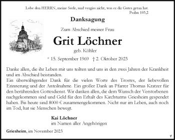 Traueranzeige von Grit Löchner von Südthüringer Presse