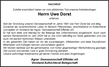 Traueranzeige von Uwe Dorst von Südthüringer Presse