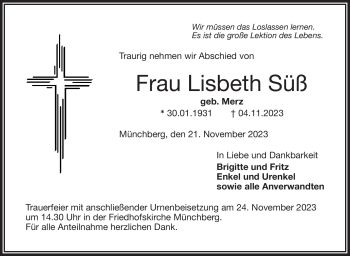 Traueranzeige von Lisbeth Süß von Frankenpost