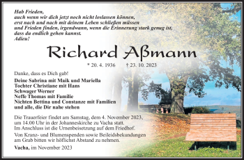 Traueranzeige von Richard Aßmann von Südthüringer Presse