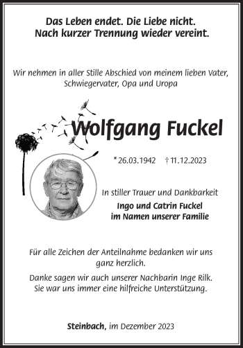 Traueranzeige von Wolfgang Fuckel von Südthüringer Presse