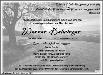 Traueranzeige von Werner Behringer von Südthüringer Presse
