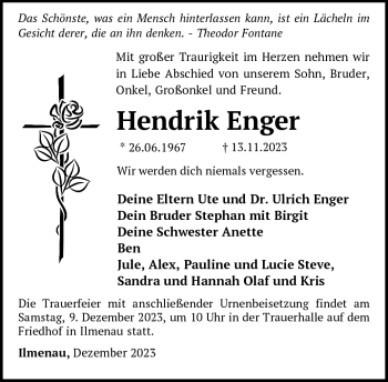 Traueranzeige von Hendrik Enger von Südthüringer Presse