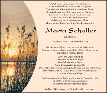 Traueranzeige von Marta Schaller von Südthüringer Presse