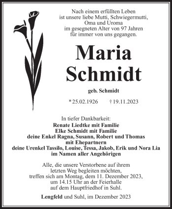 Traueranzeige von Maria Schmidt von Südthüringer Presse