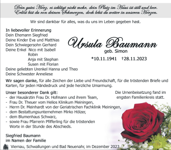 Traueranzeige von Ursula Baumann von Südthüringer Presse