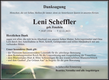 Traueranzeige von Leni Scheffler von Südthüringer Presse