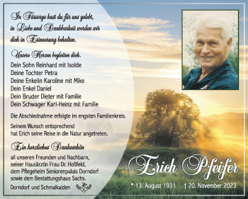 Traueranzeige von Erich Pfeifer von Südthüringer Presse