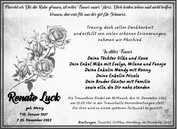 Traueranzeige von Renate Luck von Südthüringer Presse