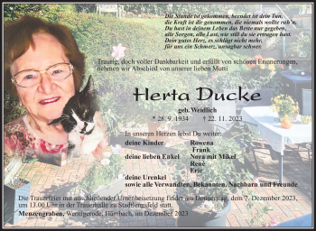 Traueranzeige von Herta Ducke von Südthüringer Presse